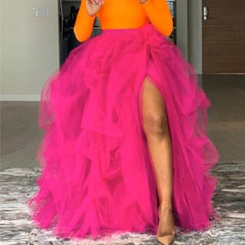 Hot Pink Long Tutu Skirt Slit Custom made fadas jupe femme Women Skirts Tulle With Decoration