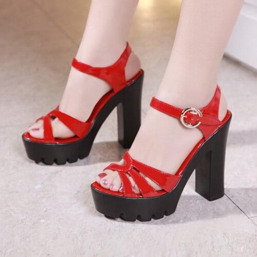 Plus Size 32-43 Patent Leather Sandals Woman High Heels Wedding Shoes Summer 2021 Block Heel Platform Sandals Ladies Party Shoe