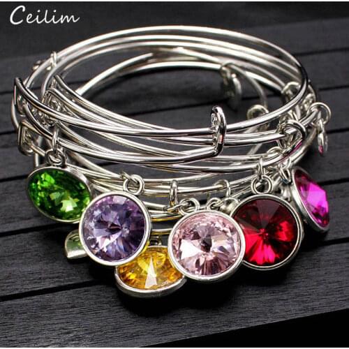Fashion Crystal Birthstone Bangle for Women 2021 Silver Color Expandable Wire Bracelets Heart Love Charm Jewelry Birthday Gift