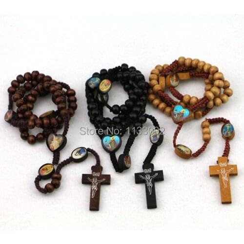12pcs/lot 3colors Jesus I.N.R.I. Christain Crucifix Cross Necklace Rosary Necklace Wood Round & Oval Bead
