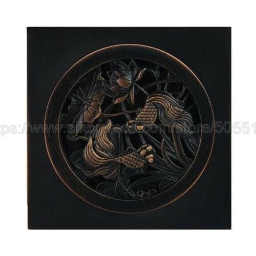 Black Bronze Anti-odor Floor Drain Fish Design Shower Drain 4" Square Bathroom Floor Waste Drain Water Drainer zhr006
