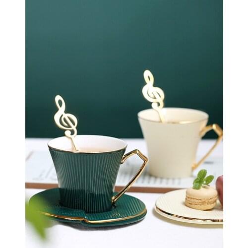Golden Handle Ceramic Coffee Cup Saucer Musical Note Spoon Tea Cup Porcelain Tea Set Advanced Teacup Cafe Espresso Cup