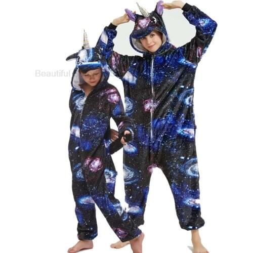 Full Polyester Flannel Parent-child Onesie Sleepwear Pijamas Kigurumi Galaxy Unicorn Series Flannel Animal