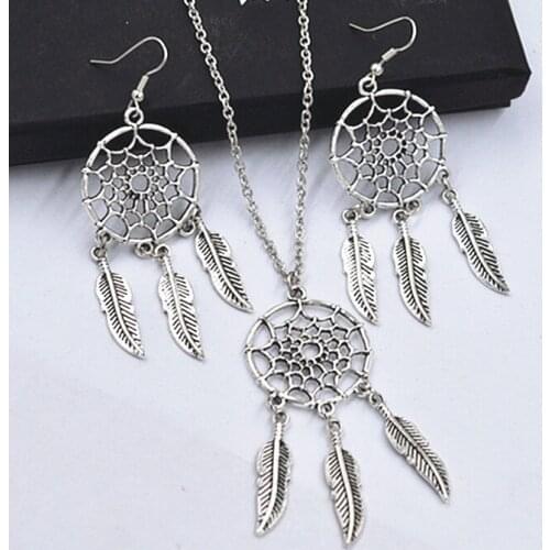 Fashion Jewelry Sets Dream Catcher feather Pendant Necklace + Earrings Charms Set For Women Gift Q8