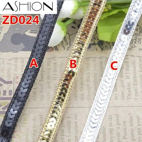 Width 12mm black gold and silver sequins polyester braided lash lace ribbon trim with edge ZD024