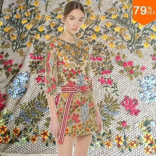 New geometrical aesthetic feeling painting cell grid pattern European flowers fashion quality luxury Dress Fabric Dress Laces