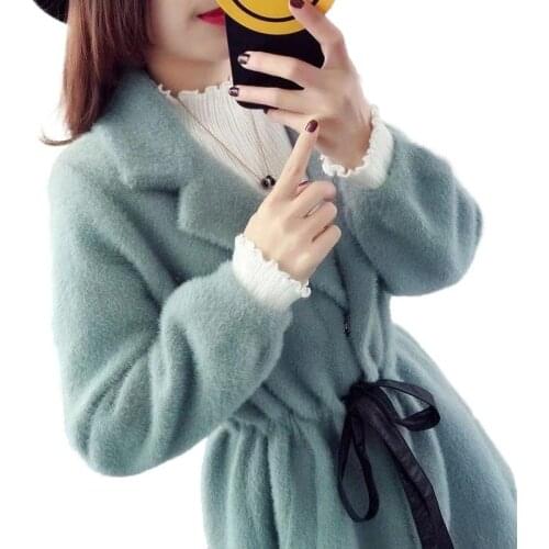 Faux mink cardigan Jacket Women Autumn Winter 2021 New Cashmere Woolen Coat Mid-length With Belt Cardigan Sweater Jackets