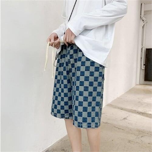 Summer Mens Cowboy Shorts Men Street Fashion Retro Blue Gray Splicing Lattice Shorts Casual Shorts