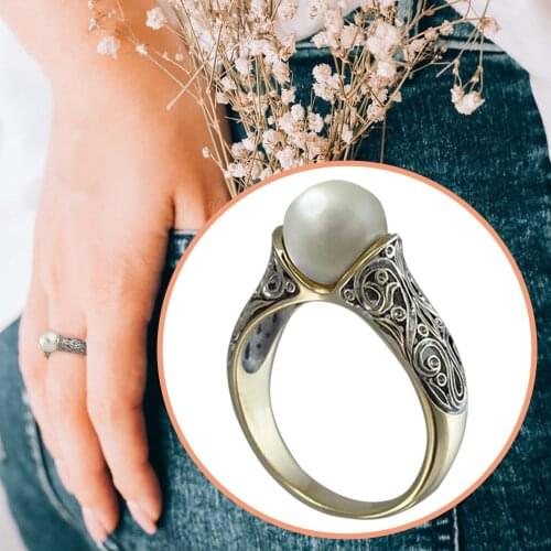 Fashion Rings For Women Vintage Ring Sculpted Antique Gold Pearl Bride Wedding Engagement Rings Elegant Ring Кольцо Женское #25