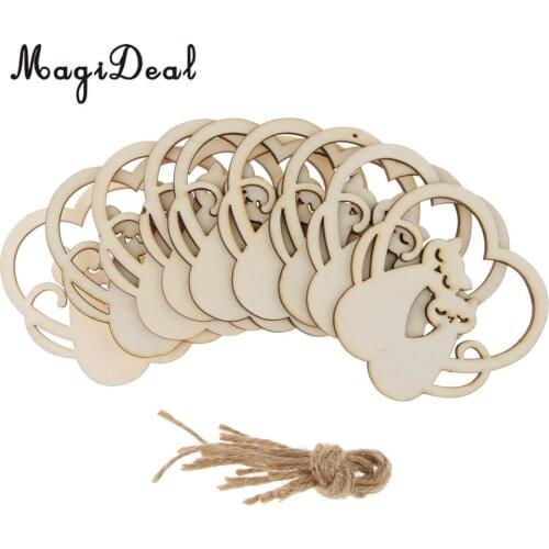 MagiDeal 10pcs Unpainted Blank Heart Couple Cat Cutout Wooden Pendant Gift Tags Labels with Jute Twine