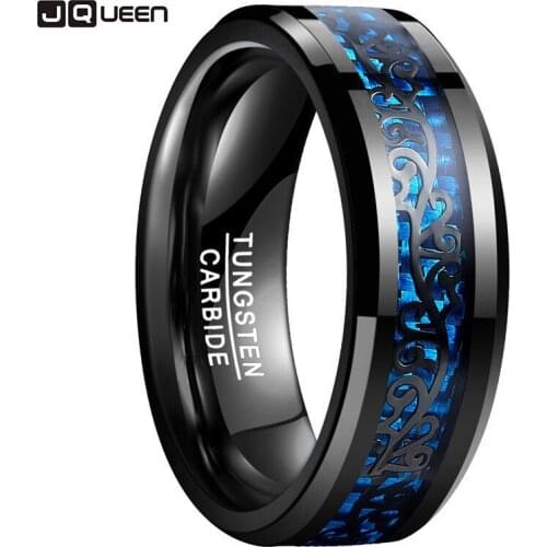 JQUEEN New Arrival Black Inlaid Vine Pattern Tungsten Steel Ring Black Blue Carbon Fiber Wedding Bands Finger Jewelry
