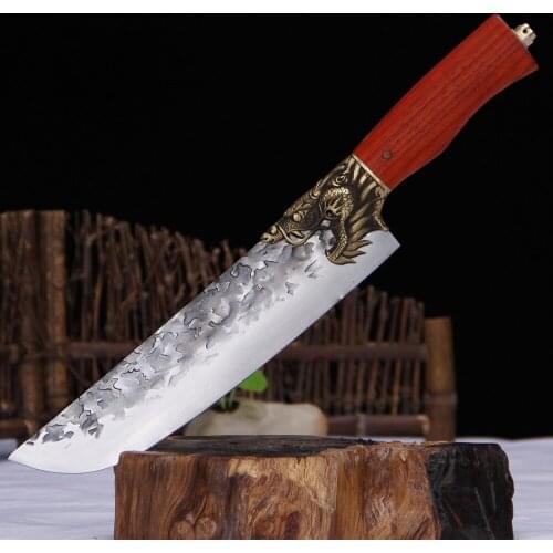 Longquan Newest 9 Inch Gyutou Barbecue Knife Camping Hunting Cleaver Handmade Forged Steel Kitchen Knives Copper Dragon Decor