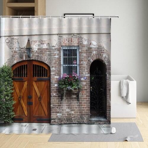 Retro Wooden Door Shower Curtain Shabby Wood Grain Stone Wall Green Rattan Flower Home Bathroom Decor PolyesterFabric With Hooks