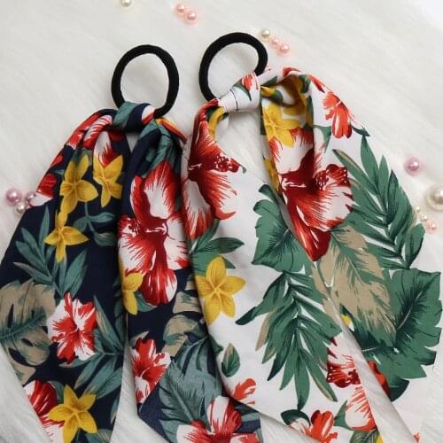 Bohemian Floral Printed Ribbon Bow Hair Scrunchies Women Elastic Streamers Hair Band Ponytail Holder Scarf Hair Ties Accessori