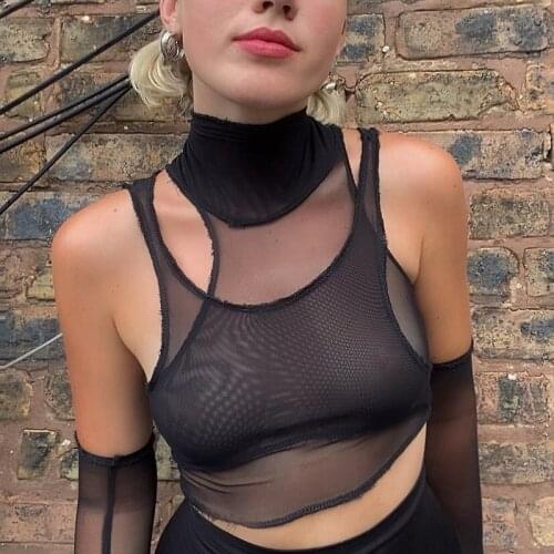 Sexy Mesh See-Through Sleeveless Tank Tee Women Club Street Style Off Shoulder Solid Color Crop Top T-Shirt Summer Tanks