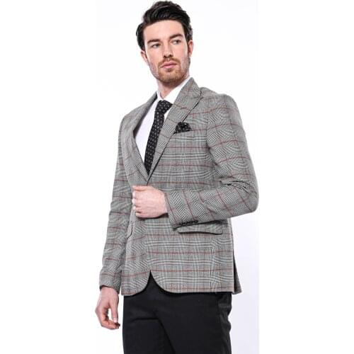 Grey Slim-Fit Checked Blazer
