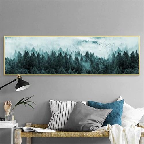 Nordic Minimalist Foggy Pine Forest Canvas Wall Art Dark Landscape Misty Trees Painting Large Living Room Bedroom Bedside Decor
