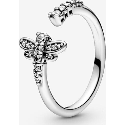 Sparkling Dragonfly Open Ring Female Jewelry 925 Sterling Silver Rings for Women Pave Stones Crystal Engagement Ring Jewellery