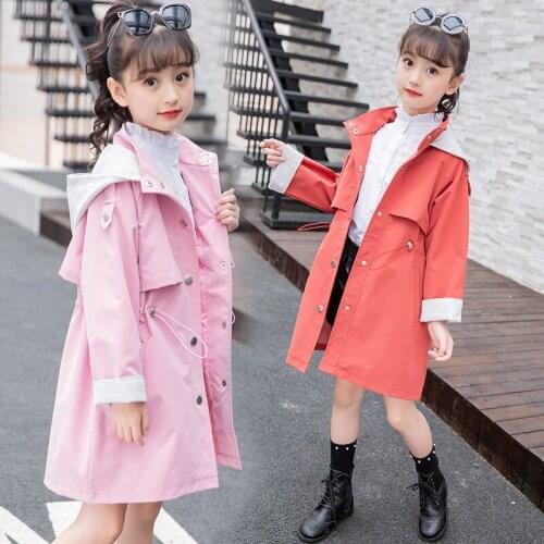 Girls Trench Coat Spring Autumn Teen Girl Jacket New Fashion Solid Color Stitching Hooded Coat Kids Windbreaker Outerwear