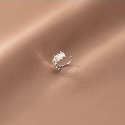 ONLY 1PC small (No pierced) Real. 925 Sterling Silver Jewelry Square Zircon 4A+ Clip On Cuff Earrings Ear-Bone C-G9765