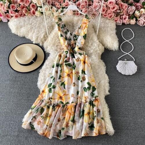 2021 NEW Summer Runway Bodycon Mermaid Dress Womens Sleeveless V-Neck V Back Flower Print Ruffles Yellow Party Tank Dress