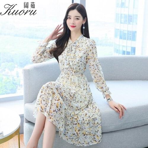 Spring Autumn Midi Chiffon Women Dress Casual Vestido Floral Long Sleeve Femme Dresses For Party Moulante Robe Roupas Femininas