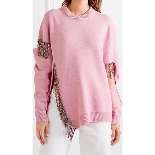 100% Solid Wool 2021 Autumn Winter Womens Chain Inlaid With Diamond Loose Knit Pullover Split Ends And Drill Outside The Hole