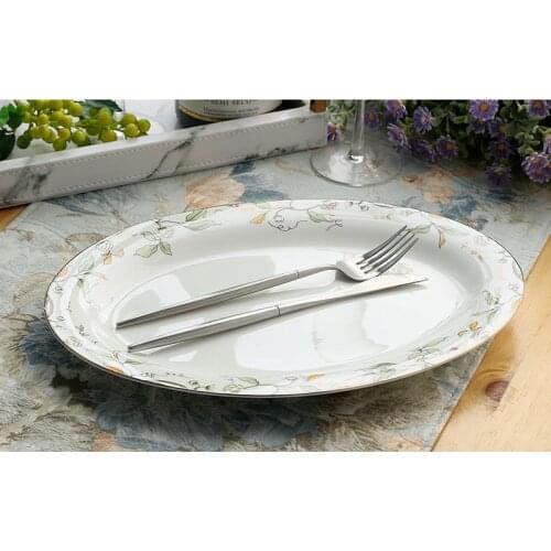12 inch, fine bone china charger plate, green leaf and gold painting, oval fish dishes from china, ceramic tableware