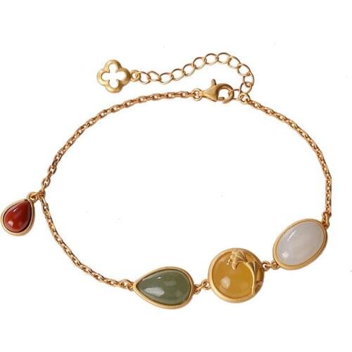 925 sterling silver gold-plated natural beeswax Hetian Jade Gray Jade southern red agate national fashion Duobao bracelet