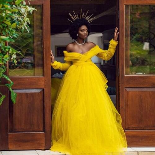 Pretty Garden Yellow Tulle Colored Women Wedding Party Dresses Illusion Full Sleeves Aso Ebi A-line Prom Gowns African Dress