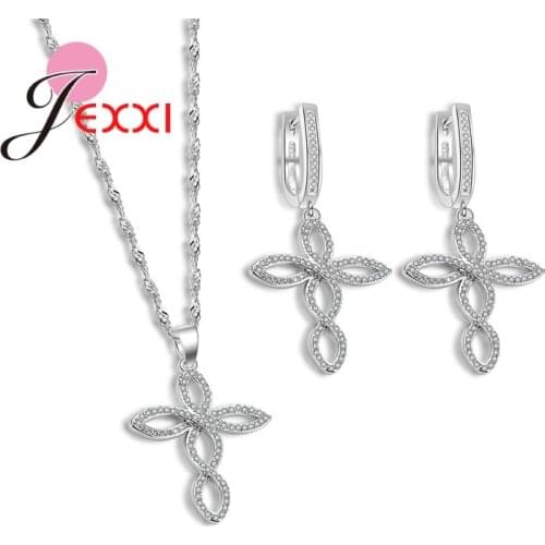 Cross Shaped Jewelry Set for Women Brides 925 Sterling Silver with Micro CZ Setting Earrings Necklace Pendant Jewelry Set