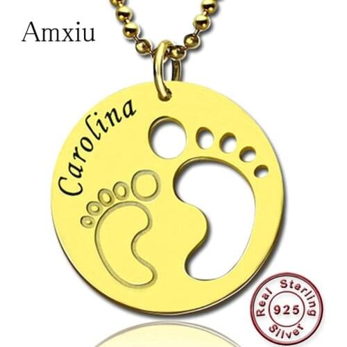 Amxiu Customized Name Necklace Personalized Baby Feet Necklace 925 Silver Jewelry Round Pendant Necklace For Women Girls Gifts