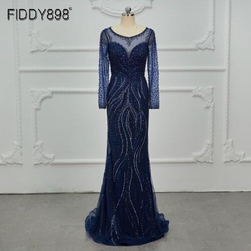 Luxury Mermaid Evening Dress Long Sleeves Handmade Beaded Prom Dresses 2020 Blue vestidos de fiesta OEV-L4244