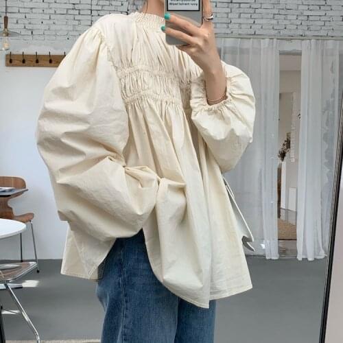Spring Dress New Retro Heavy Work Hit Pleated Loose Bubble Sleeve Sweet Doll Shirt Show Thin Shirt Top Woman