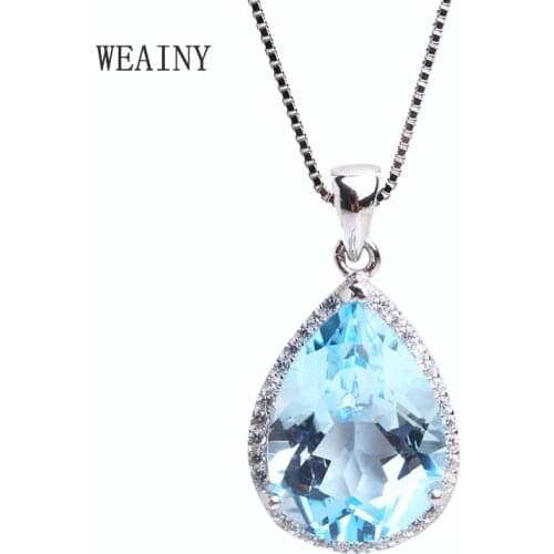 WEAINY 925 Sterling Silver About 9.00 Ct Blue Topaz 14x10 Drop Shape Pendant with 18" Chain