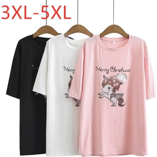 New 2021 Ladies Summer Plus Size Tops For Women Large Short Sleeve Loose Pink White Print Cartoon O-neck T-shirt 3XL 4XL 5XL