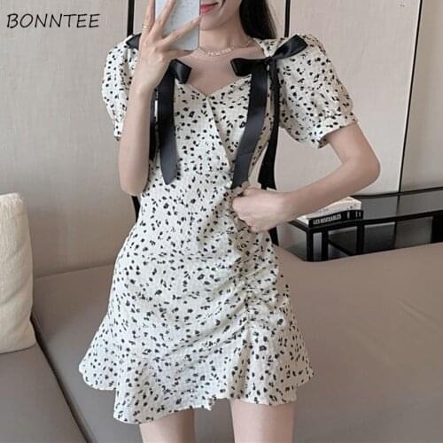 Dress Women Summer Mini Retros Floral Puff Sleeve Ulzzang Fairy Bows Japan Style Kawaii Elegant Vintage Party Sexy V-neck Casual