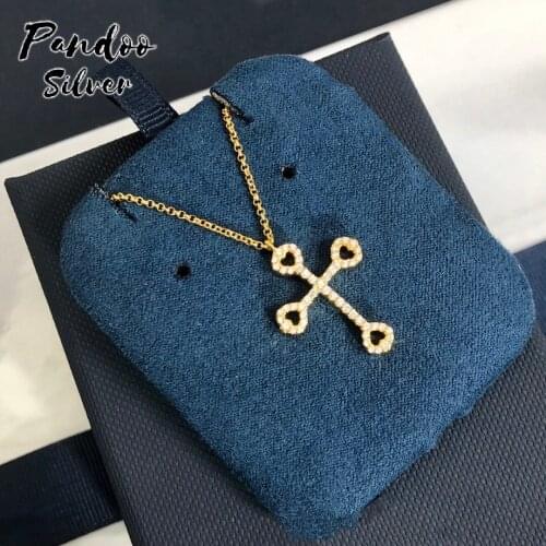 PANDOO Fashion Charm 925 Silver Original 1:1 Copy,Yellow Silver Geometric Cross Necklace For Female Cute Design Jewelry Gifts