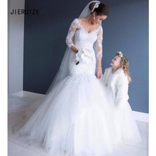 JIERUIZE Modern Mermaid Backless Wedding Dresses Deep V Neck Long Sleeves Lace Appliques Bridal Gowns Church vestidos de novia
