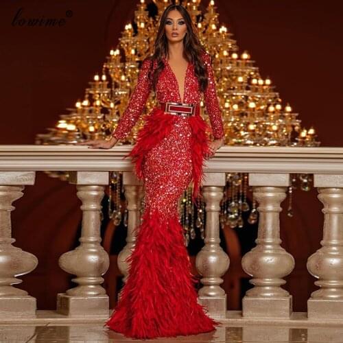 Robe De Soiree Dubai Elegant Sequins Red Evening Dresses Long Formal Mermaid Prom Dresses Women Event Party Dress Night Feathers