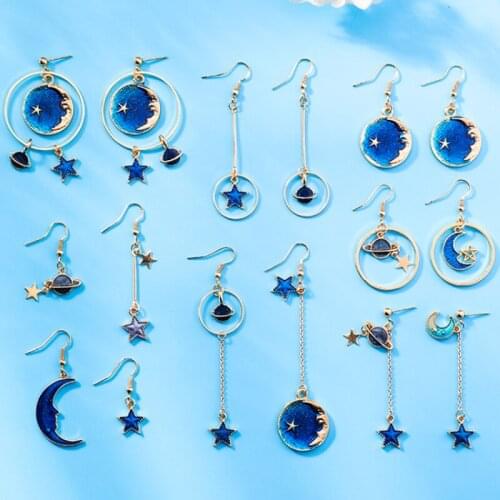 2021 Japanese Small Fresh Fashion Casual Blue Star Moon Earrings Asymmetrical Wild Planet Geometric Round Ear Hook Long Earrings
