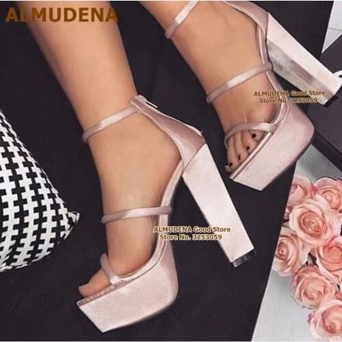 ALMUDENA Champagne Satin Cloth Chunky Heel Sandals Silk Fabric Platform Dress Shoes Triple Strap Open Toe Summer Shoes Size47