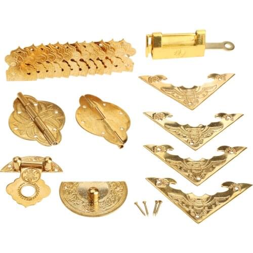 Antique Furniture Pure Brass Hardware Wood Box Cabinet Latch Hasp+Lock +Hinges +Corner Plates+Corner Protectors