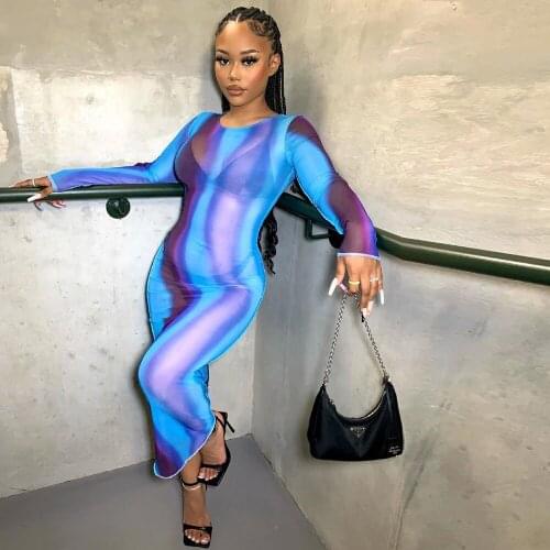 BKLD Bodycon Dress 2021 Autumn New Sexy Party Clubwear Printed Mesh See-Through Women Clothes Round Neck Midi Dress Long Sleeve