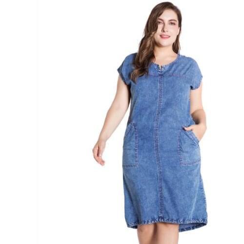 Plus size 6XL women dresses 2020 new spring summer short-sleeved round neck medium long sexy pocket denim dress female clothes