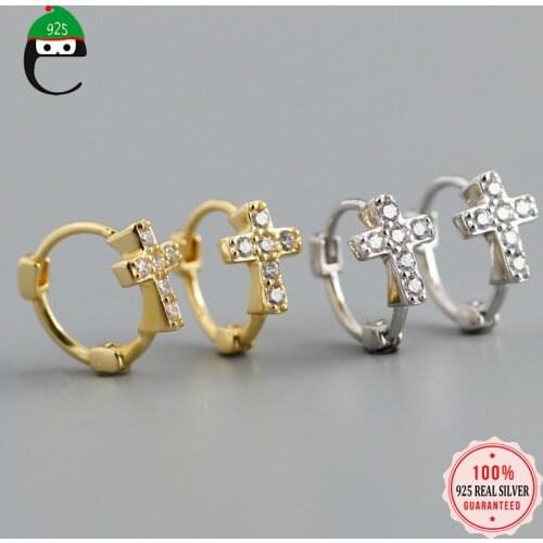 ElfoPlataSi Real 925 Sterling Silver Fashion Minimalist Cross Shiny CZ Hoop Earring For Women Wedding Party Fine Jewelry DA243