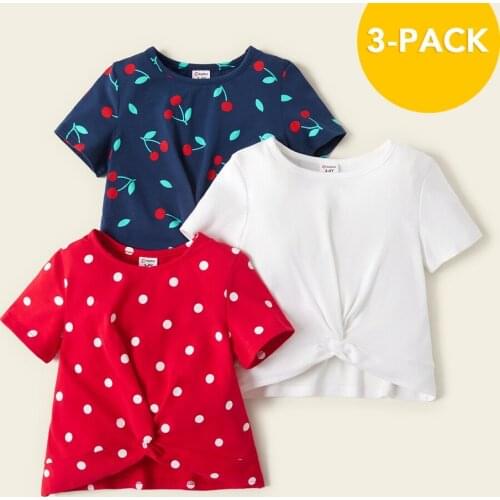 PatPat 2021 New Summer 3-piece Toddler Girl Cherry Polka Dots Solid Tees for Kids Girl Short-Sleeve Tops Clothes