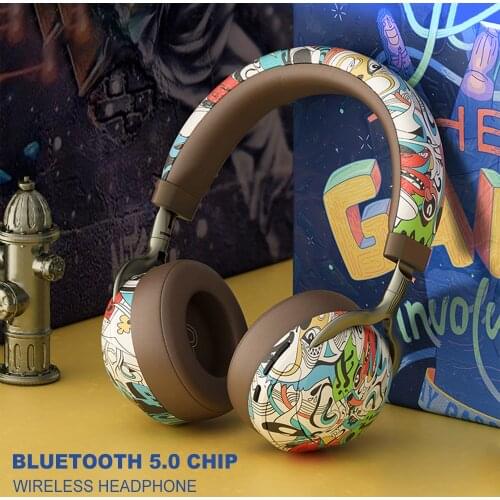 KINGSTAR Gaming Headset Wireless Bluetooth Headphones With Microphone Colorful Graffiti Insert Earphone Supoort TF Card FM Radio