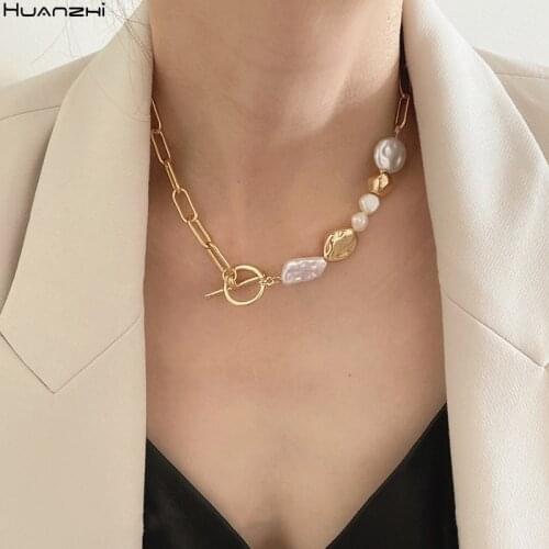 HUANZHI 2020 New Temperament Imitation Pearl Pendant Chain Asymmetry Clavicle Chain Necklace for Women Girls Delicate Jewelry