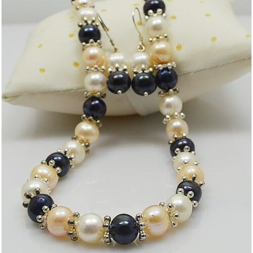 Perfect Multicolor Real Pearl Necklace Earrings Jewelry Set Freshwater Pearl Silvers Snow Beads Jewellery Charming Women Gift